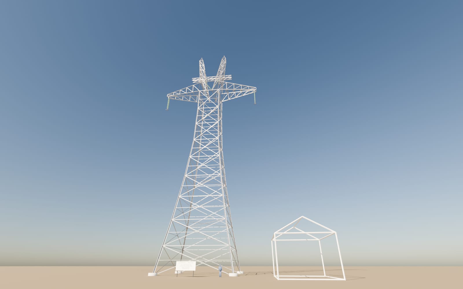 An illustrated 200-foot lattice transmission tower on open ground, with a six-foot person and the outline of a two-story house beside its base for scale.