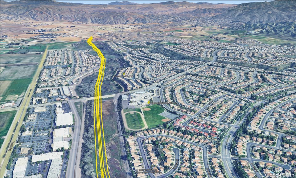 Google Earth view of SDG&E's proposed corridor, drawn in yellow, running past Vail Ranch Middle School and surrounding neighborhoods